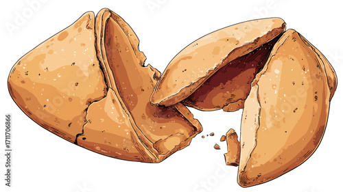 A detailed illustration of a broken fortune cookie.  The cookie is light golden brown, showing a slightly rough texture and some crumbs.  The halves are separated, revealing the interior. 