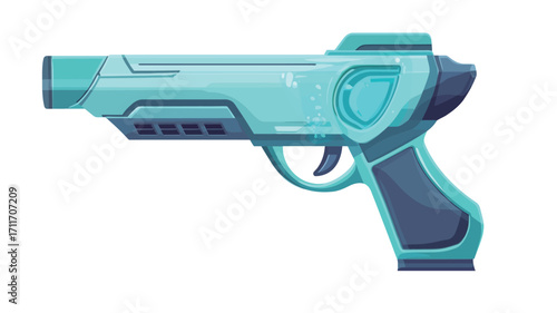 A digital illustration of a futuristic handgun. The pistol is primarily teal with dark grey accents.  It features a stylized design with angular lines and glowing blue elements. 