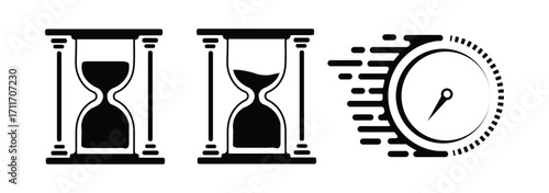 Set of hourglasses vector icons. Time passing concept. Sandglass timer collection. Cartoon countdown clock. Deadline, waiting, history symbol. Vintage measurement tool