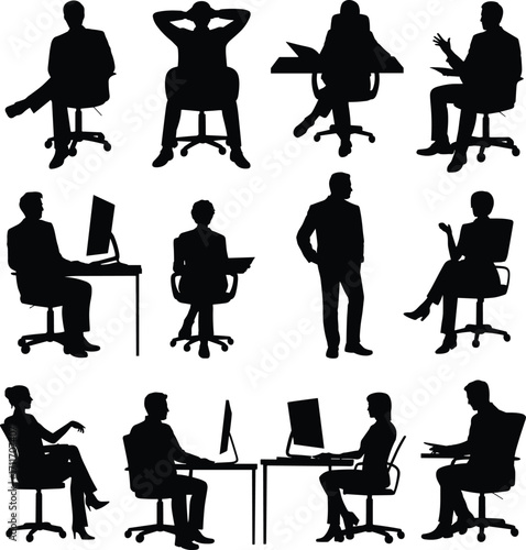 Office chair silhouettes, seated people, workplace posture, business attire, communication, meeting, teamwork, professional staff, office lifestyle, corporate discussion, ergonomics