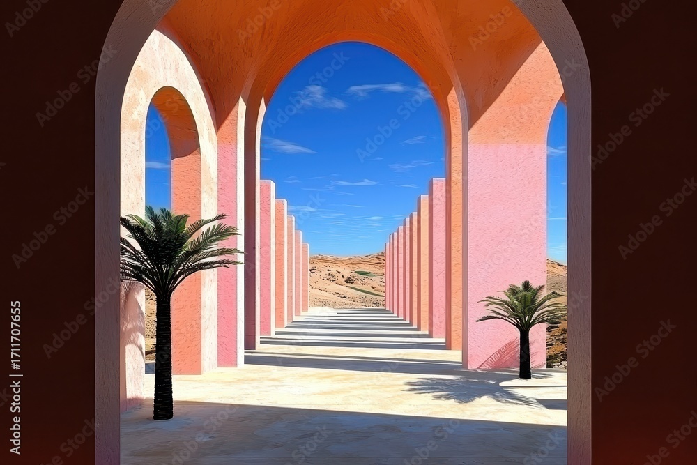 Fototapeta premium Pink Archway Hallway to Desert Landscape under Bright Sky