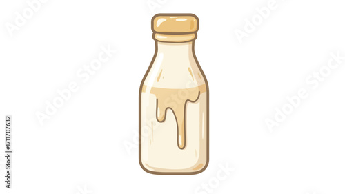 A digital illustration of a small glass bottle of milk with a golden cap.  The milk is a light yellow-cream color and appears to have dripped or spilled down the side of the bottle. 