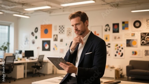A creative director in an office space full of artistic atmosphere holds a tablet, seemingly thinking about a creative plan, fully showing professionalism and concentration.

