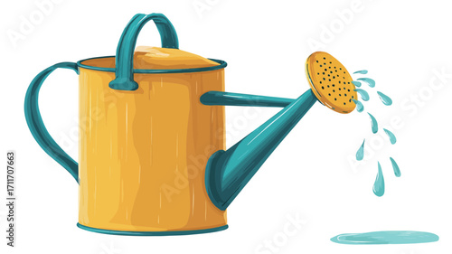 A digital illustration depicts a yellow watering can with a teal spout pouring water. The watering can has a curved handle and a circular rose head. Water droplets are shown falling from the spout