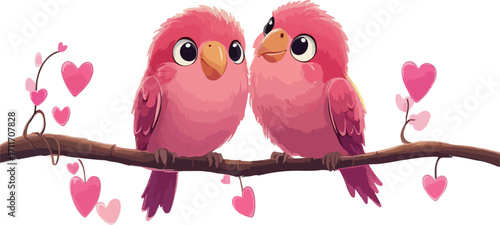 Two adorable fluffy pink birds sitting closely together on a tree branch surrounded by delicate pink hearts