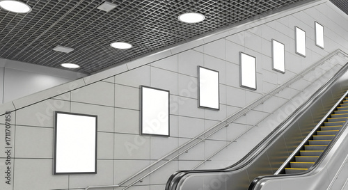 Subway Escalator with Blank Ad Spaces