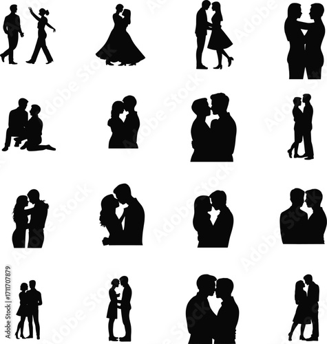 Romantic couple silhouettes, love relationship poses, dancing, kissing, hugging, intimate moments, passion, romance, wedding, Valentine’s Day, emotional connection, togetherness