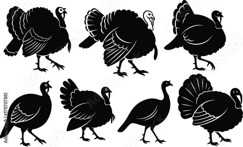 Turkey silhouette set featuring stylized poses, varied feather arrangements, and expressive postures for wildlife, festive, and educational design use