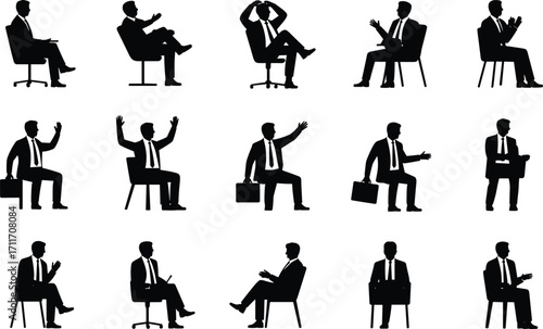 Seated business silhouettes, office workers, professional attire, communication, meeting, leadership, teamwork, workplace diversity, executive posture, management, staff, corporate discussion