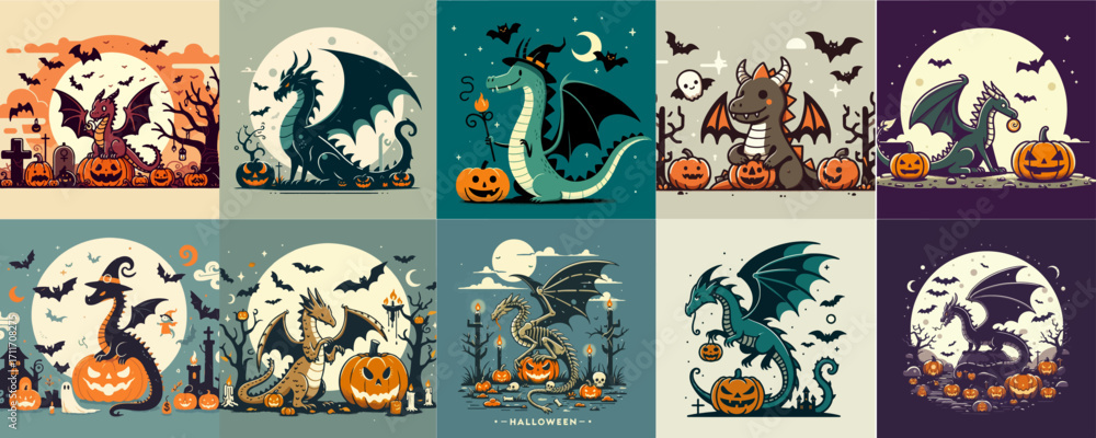 Fototapeta premium halloween dragon set vector illustration