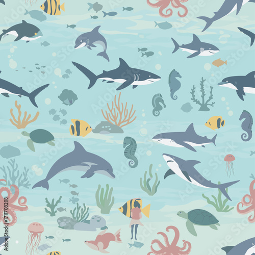 A whimsical underwater scene filled with playful sea creatures swimming in clear blue ocean water.