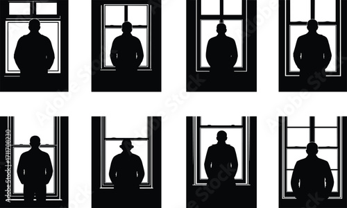 Window silhouette set, black, frontal standing poses in varied architectural frames, vector, isolated, lifestyle bundle, design icons