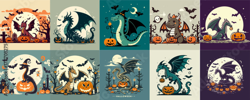 halloween dragon set vector illustration