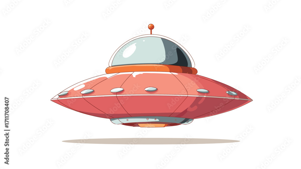 Naklejka premium A cartoon illustration of a flying saucer against a white background. The saucer is primarily coral/light red with orange accents around the dome and base. The dome is transparent showing 