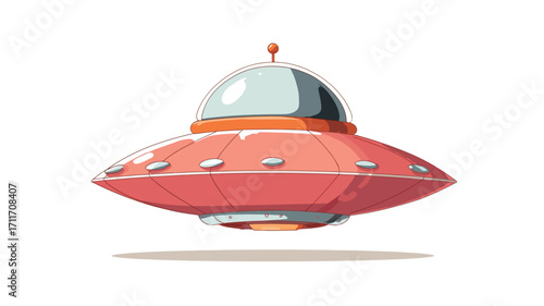 A cartoon illustration of a flying saucer against a white background.  The saucer is primarily coral/light red with orange accents around the dome and base. The dome is transparent showing 
