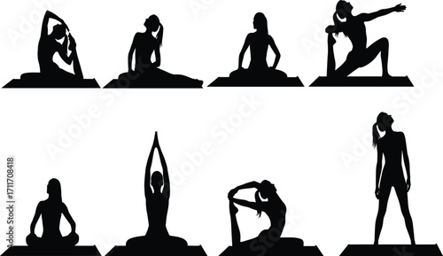 Yoga silhouette set, black, standing and seated poses with extended limbs, vector, isolated, wellness, balance, and fitness bundle