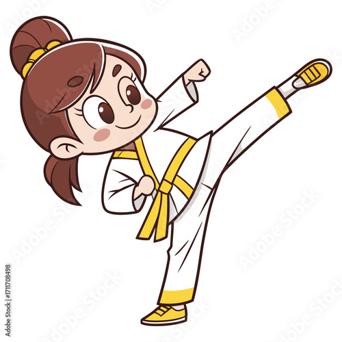 Karate girl performing a high kick in a minimal flat design vector illustration