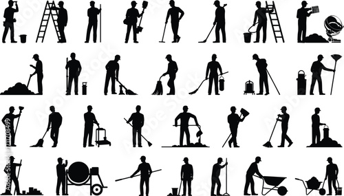 Silhouette construction workers with tools, building labor icons, industrial job activities, black figures working equipment, urban development design isolated white background illustration
