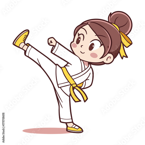 Karate girl performing a high kick in a minimal flat design vector illustration