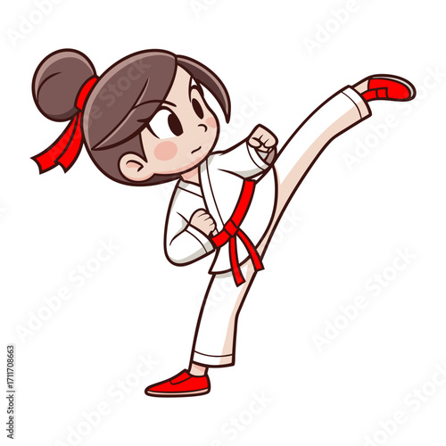 Karate girl performing a high kick in a minimal flat design vector illustration