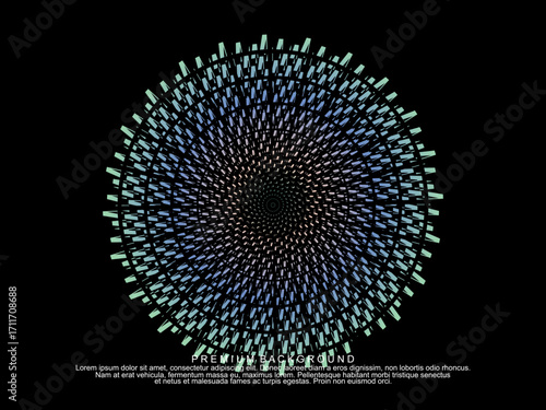 Music poster design background. Electro Sound Cover Template with dynamic abstract gradient circular geometric line shapes for t-shirt screen printing, technology, digital, party, festival and club.	