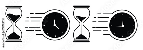 set of sand clock illustrations with varying frames and sand amounts. Hourglass shapes in multiple variations. Vector icon set of hourglasses with falling sand