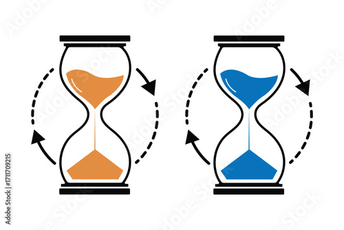 set of sand clock illustrations with varying frames and sand amounts. Hourglass shapes in multiple variations. Vector icon set of hourglasses with falling sand