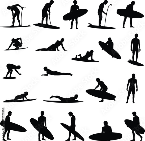 Surfing silhouettes, paddleboarding poses, surfboards, ocean sport, beach lifestyle, extreme water activity, summer adventure, sea waves, surf culture, coastal energy