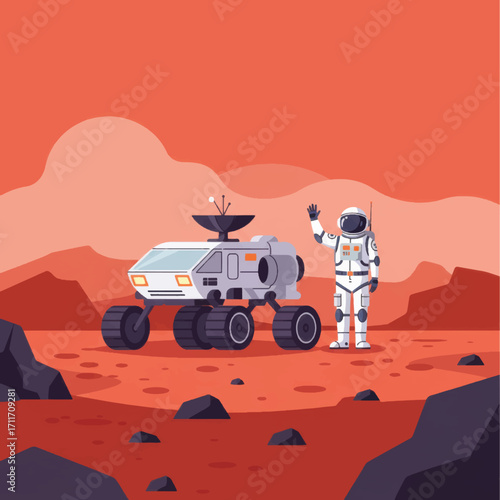 Astronaut and Rover on Mars Exploring the Red Planet.