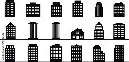 Urban building silhouettes, city architecture icons, modern skyscrapers, traditional houses, skyline design, real estate, construction, office towers, cityscape diversity, architectural concept