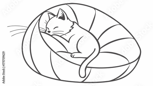 A cute cat illustration is sleeping peacefully in a cozy beanbag chair, creating a serene and calming scene in a simple line art style