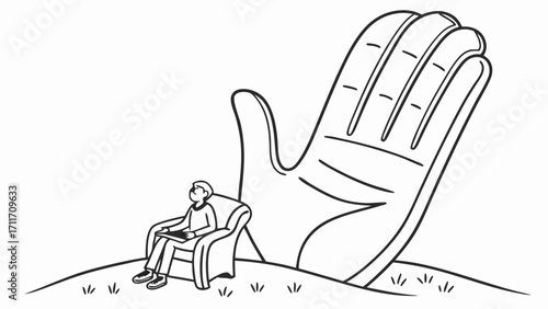 A person sits in a chair with a giant hand behind them, creating a surreal and whimsical line art illustration