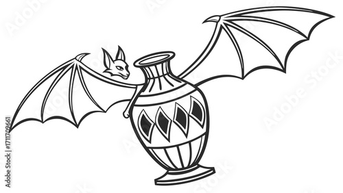 A bat with wings attached to an antique vase is a spooky and quirky illustration for Halloween themed designs and creative projects