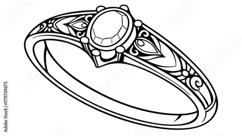 An elegant engagement ring illustration showcases a decorative band and a prominent oval gemstone set in a classic design