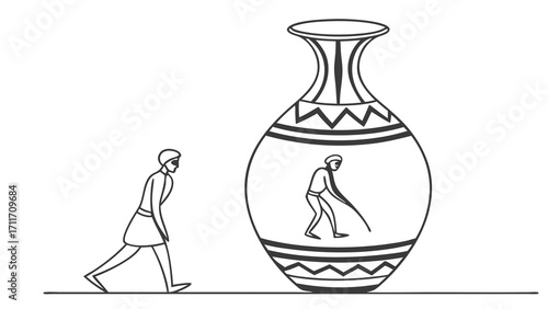 Ancient civilization illustration featuring a figure walking towards a decorated vase with a matching scene inside, creating a timeless cultural narrative