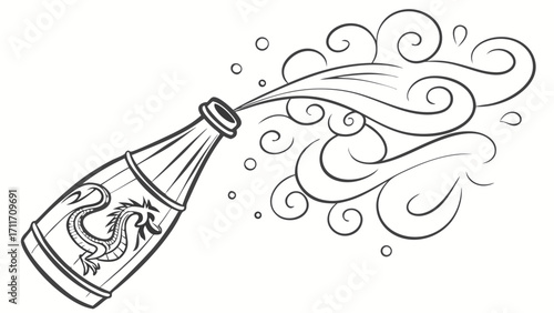 An illustrated bottle with a dragon emblem effervescently erupting a plume of stylized steam, adding a touch of mystical elegance to a classic beverage vessel.
