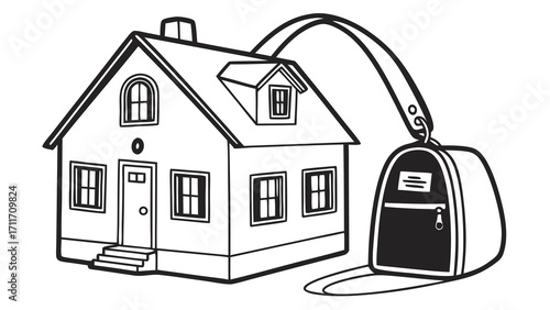 Cartoon house with a travel bag hanging from the roof evokes themes of relocation and home ownership transitions