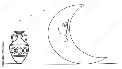 Crescent moon with a face beside an ancient amphora vase illustration on a horizon line with stars above, evoking a vintage aesthetic