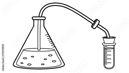 Chemistry experiment setup featuring an Erlenmeyer flask connected to a test tube, illustrating scientific research and analysis in a laboratory setting with bubbles