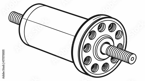 Detailed line art illustration of a cylindrical mechanical component with a threaded shaft and circular perforated flange