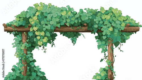 A digital illustration depicting a rustic wooden arbor or trellis completely covered in vibrant green vines and leaves. The arbor has a rectangular shape with two vertical wooden posts connected by