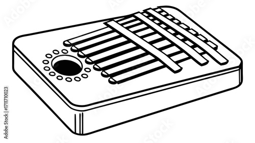 Detailed line art illustration of a kalimba, a modern musical instrument resembling a thumb piano, featuring metal tines and a sound hole