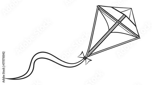 Detailed line art illustration of a diamond shaped kite with flowing tail on a clean white background, creating a sense of freedom and joy