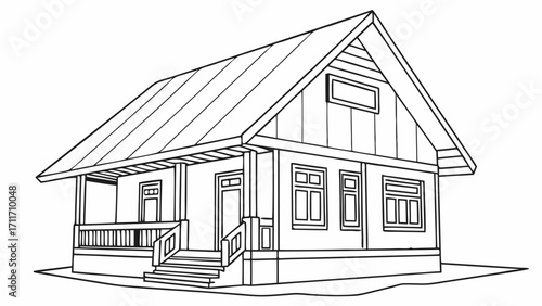 Detailed line art illustration of a cozy suburban house with porch and gable roof design, creating a welcoming home scene