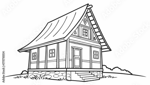 Detailed line art illustration of a small traditional house with a ladder on the roof and stone foundation