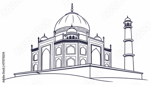 Detailed line art illustration of the Taj Mahal in Agra, India showcasing its iconic architecture and symmetrical design