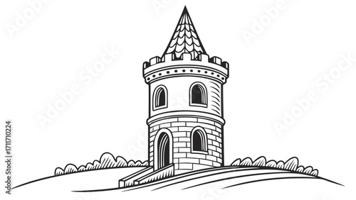 Detailed vector illustration of a medieval tower on a hill with stone steps and a conical roof, evoking fantasy and history