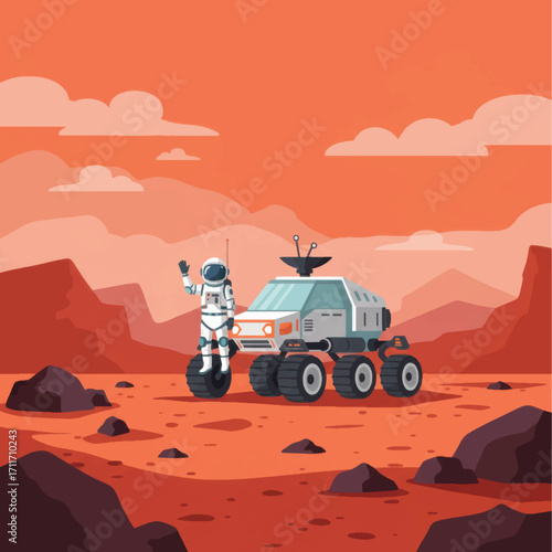 Astronaut in a spacesuit waving next to a planetary rover vehicle.