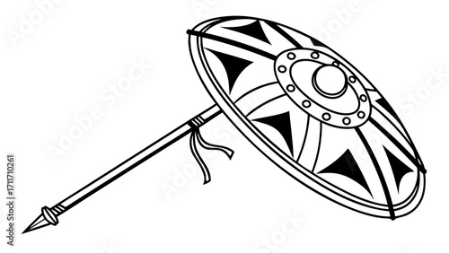 Detailed vector illustration of a traditional ceremonial umbrella with spear, showcasing intricate patterns and design elements