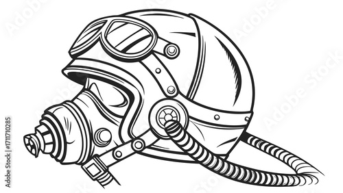 Detailed vector illustration of a vintage steampunk helmet with goggles and a gas mask for industrial safety